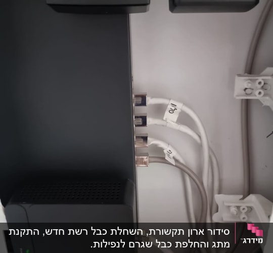 ארון תקשורת עם כבלים ומכשירים חשמליים